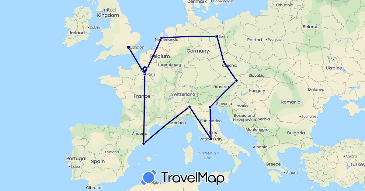 TravelMap itinerary: driving in Austria, Czech Republic, Germany, Spain, France, United Kingdom, Italy, Netherlands (Europe)